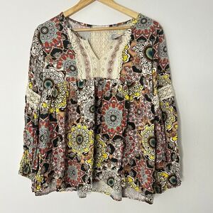 MADE‎ IN ITALY Bohemian Floral Crochet Balloon Sleeve Swing top Womans 8